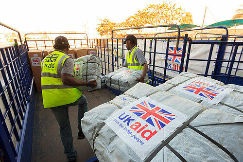 UK aid shelter kits are loaded for shipment from a warehouse in Dubai. Picture: DFID